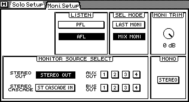 Écran de la 03D, Moni. Setup, réglages du monitoring