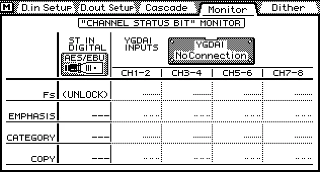 Écran de la 03D, Monitor, channel status des entrées numériques