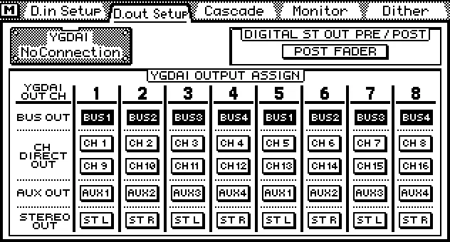 Écran de la 03D, D.out Setup, affectation des sorties numériques