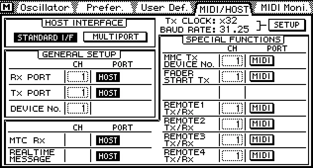Écran de la 03D, MIDI/HOST, interface hôte et MIDI