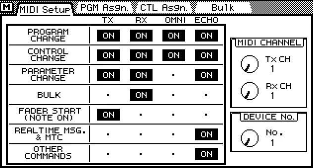 Écran de la 03D, MIDI Setup, réglages MIDI