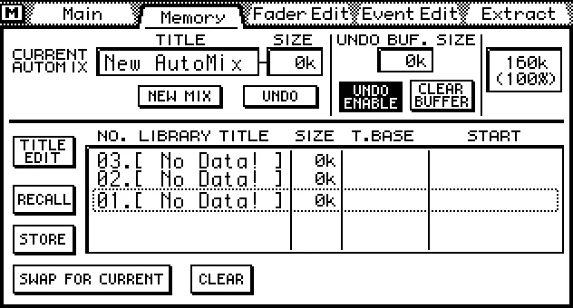 Écran de la 03D, Automix Memory, mémoires d'automation