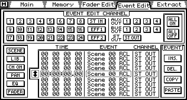 Écran de la 03D, Automix Event Edit, liste des événements
