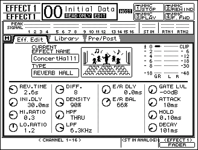 Écran de la 03D, écran complet avec bandeau supérieur (scène, effets, MMC), page Effect Edit