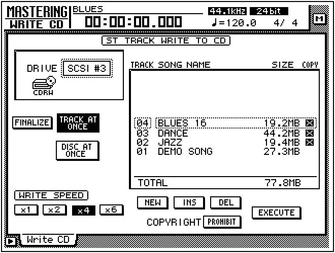 Écran de l'AW4416, CD, gravure du mastering