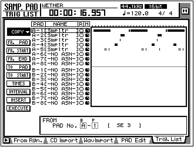 Écran de l'AW4416, SAMPLING PAD, liste de déclenchement