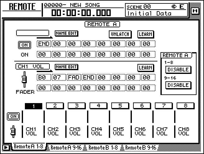 Écran de l'AW4416, REMOTE V2, télécommande MIDI