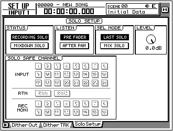 Écran de l'AW4416, SETUP, réglages du solo