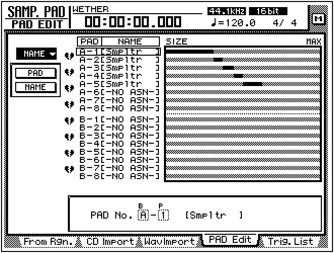 Écran de l'AW4416, SAMPLING PAD, édition des pads