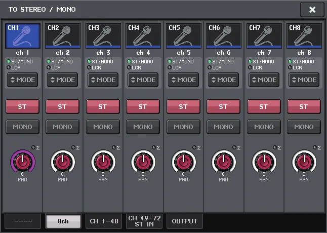 Fenêtre TO STEREO/MONO de la CL5 : mode ST/MONO ou LCR, affectation stéréo et mono, pan