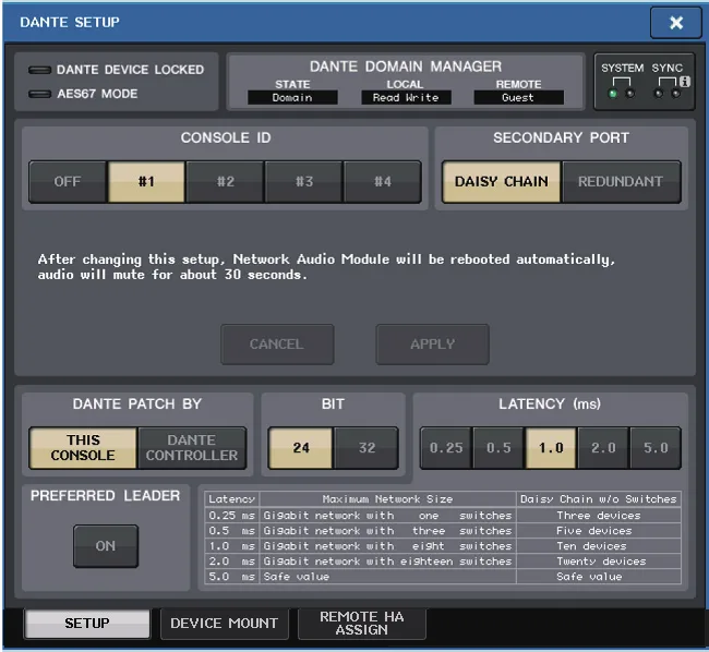 Fenêtre DANTE SETUP de la CL5 : console ID, port secondaire, bits et latence