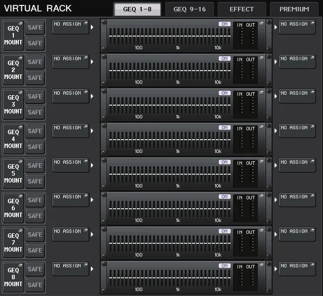 Écran VIRTUAL RACK de la CL5 (onglet GEQ 1-8) : racks d'égaliseurs graphiques