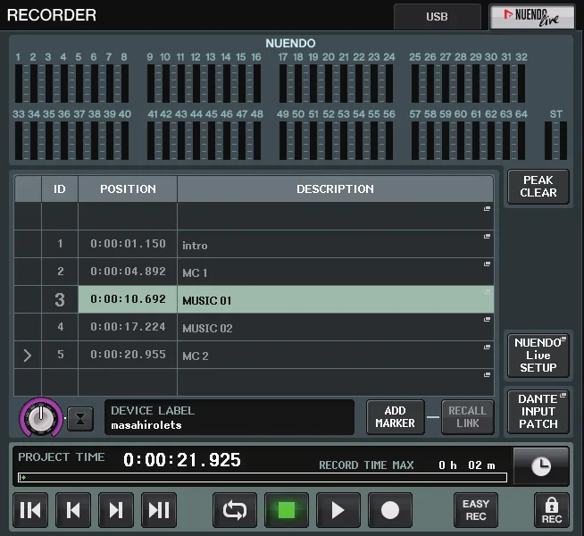 Écran RECORDER de la CL5 (Nuendo Live) : contrôle de l'enregistrement multipiste et marqueurs