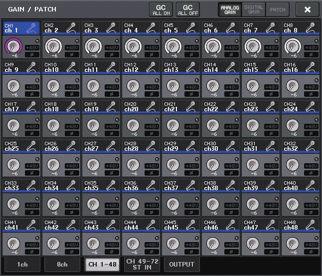Fenêtre GAIN/PATCH (48 canaux) de la CL5 : gain analogique et +48V des canaux 1 à 48