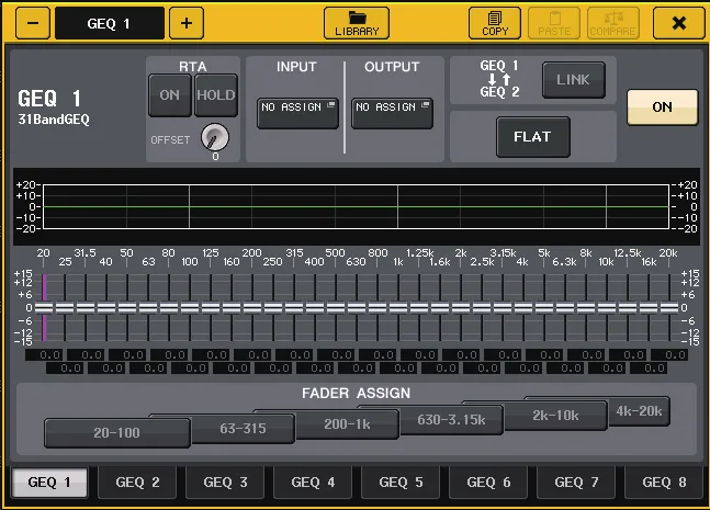Fenêtre GEQ 31 bandes de la CL5 : RTA, faders de bandes et Fader Assign