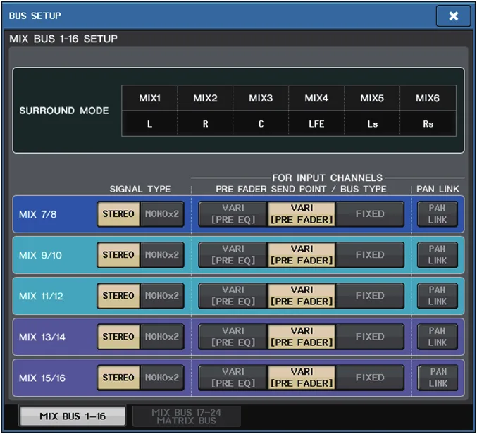 Fenêtre BUS SETUP de la CL5 : type de signal stéréo ou mono et point d'envoi des bus Mix