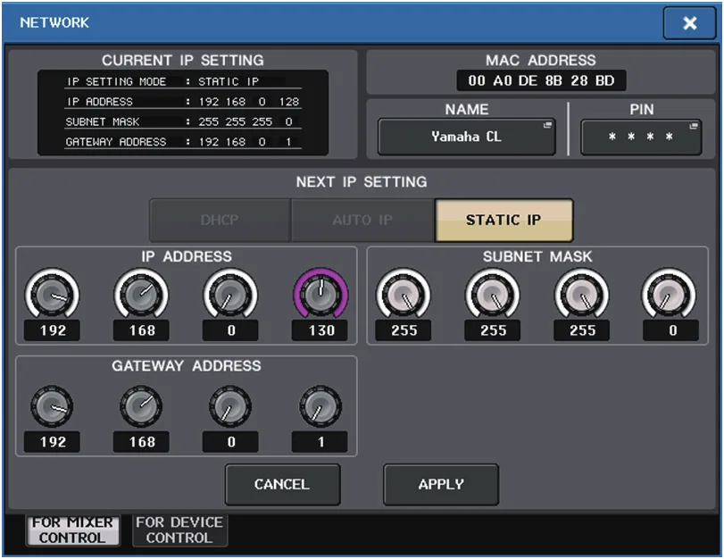 Fenêtre NETWORK de la CL5 : adresse IP pour le contrôle par éditeur et StageMix
