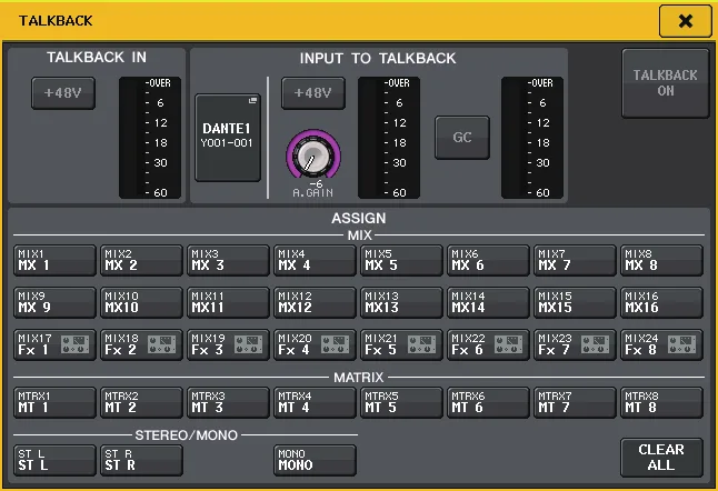 Fenêtre TALKBACK de la CL5 : entrée talkback et affectation aux Mix, matrices et stéréo