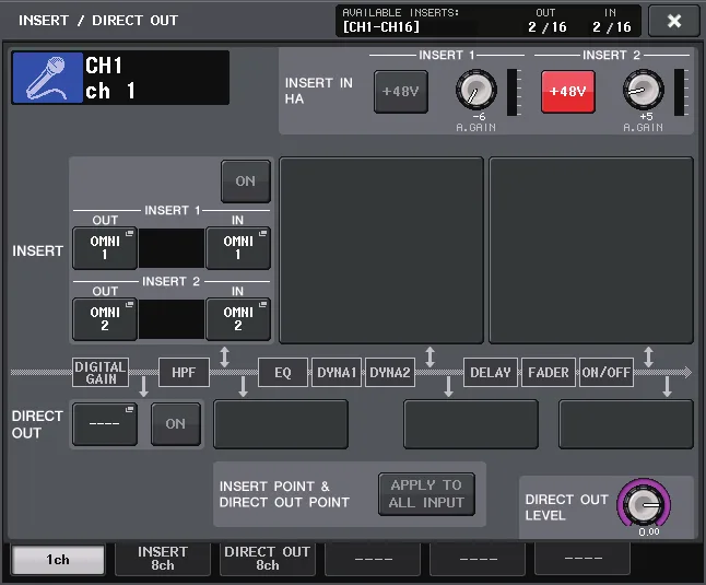 Fenêtre INSERT/DIRECT OUT de la CL5 : deux points d'insertion, sortie directe et position dans le trajet du signal