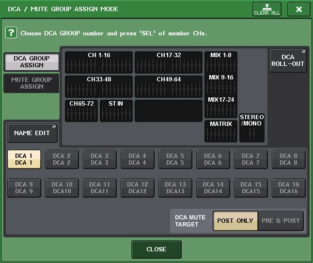 Fenêtre DCA/MUTE GROUP ASSIGN MODE de la CL5 : affectation des canaux aux 16 DCA et groupes de mute