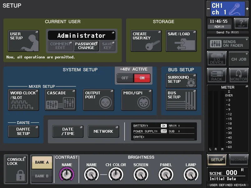 Écran SETUP de la CL5 : utilisateur, stockage, word clock, cascade, MIDI/GPI, bus, Dante, réseau et luminosité