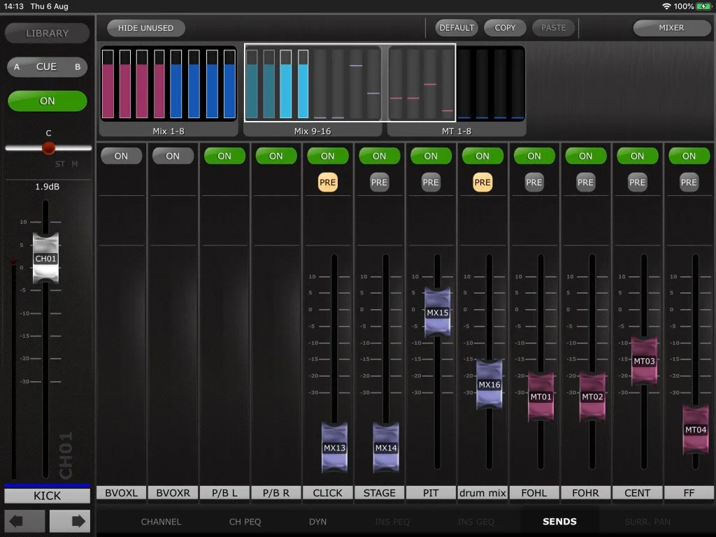 CL StageMix (iPad) : envois d'un canal vers les Mix et matrices (Sends on Faders)