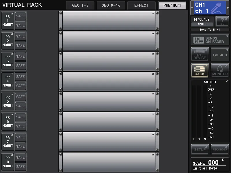 Écran VIRTUAL RACK de la CL5 (onglet PREMIUM) : 8 emplacements du Premium Rack