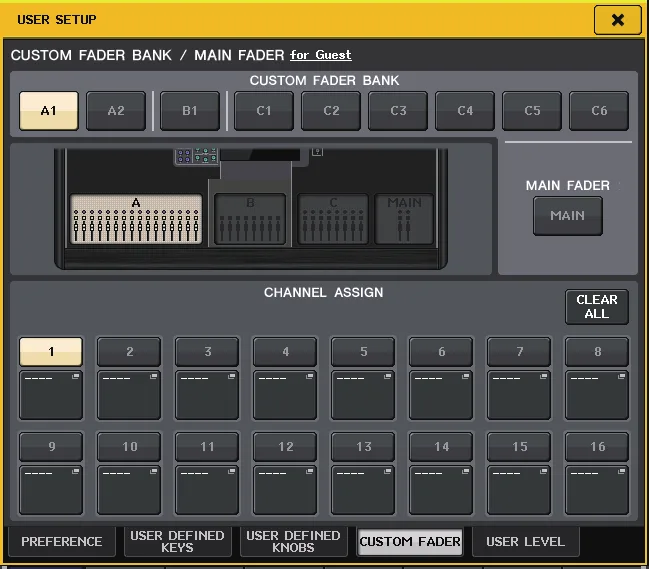Fenêtre USER SETUP de la CL5 (CUSTOM FADER) : banques de faders personnalisées et fader principal