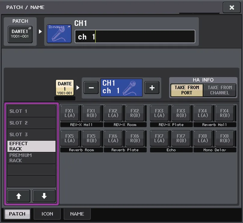 Écran PATCH/NAME de la CL5 : patch d'entrée du canal (slots, rack d'effets, Premium Rack), icône et nom