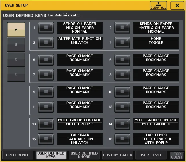 Fenêtre USER SETUP de la CL5 (USER DEFINED KEYS) : affectation des 16 touches utilisateur