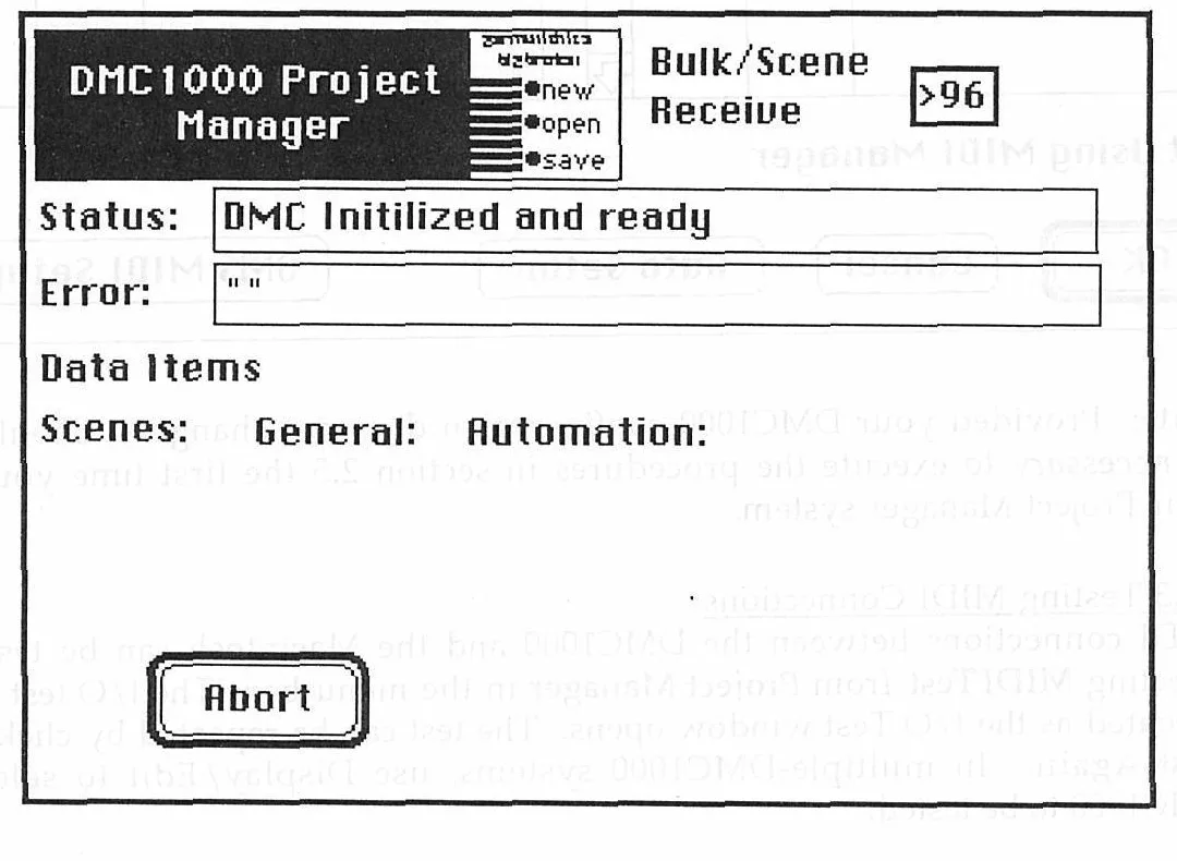 DMC1000 Project Manager on Macintosh, bulk and scene receive status
