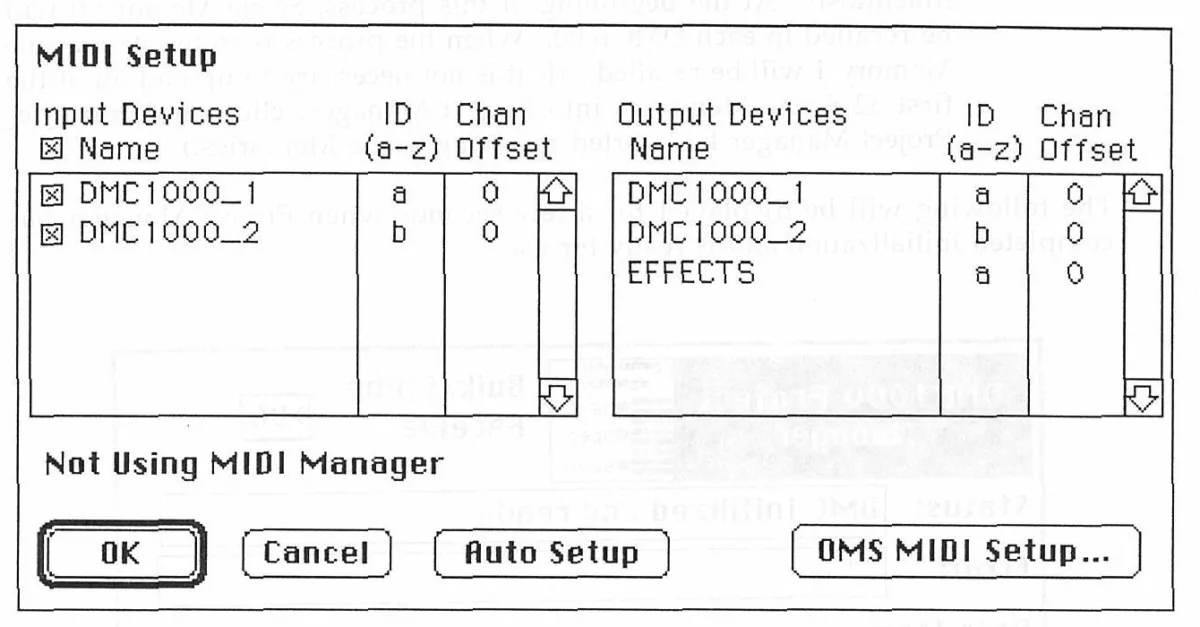 DMC1000 Project Manager on Macintosh, MIDI setup dialog