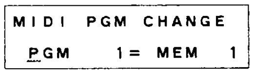 Écran LCD 16 caractères sur 2 lignes du DMP7D, MIDI PGM CHANGE, table des program change (dessin du manuel)
