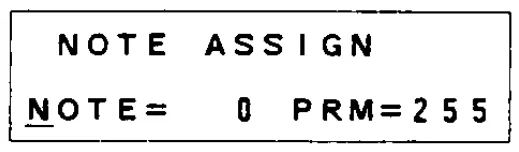 Écran LCD 16 caractères sur 2 lignes du DMP7D, NOTE ASSIGN, notes MIDI (dessin du manuel)
