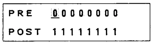 Écran LCD 16 caractères sur 2 lignes du DMP7D, envois d'effet pré ou post fader (dessin du manuel)
