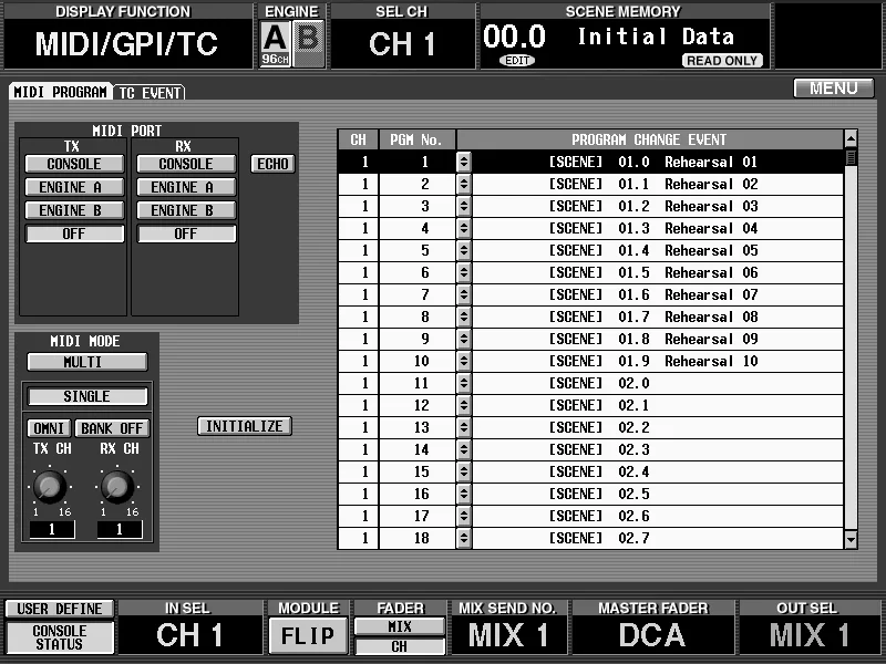 Écran de la CS1D, MIDI/GPI/TC, program change MIDI