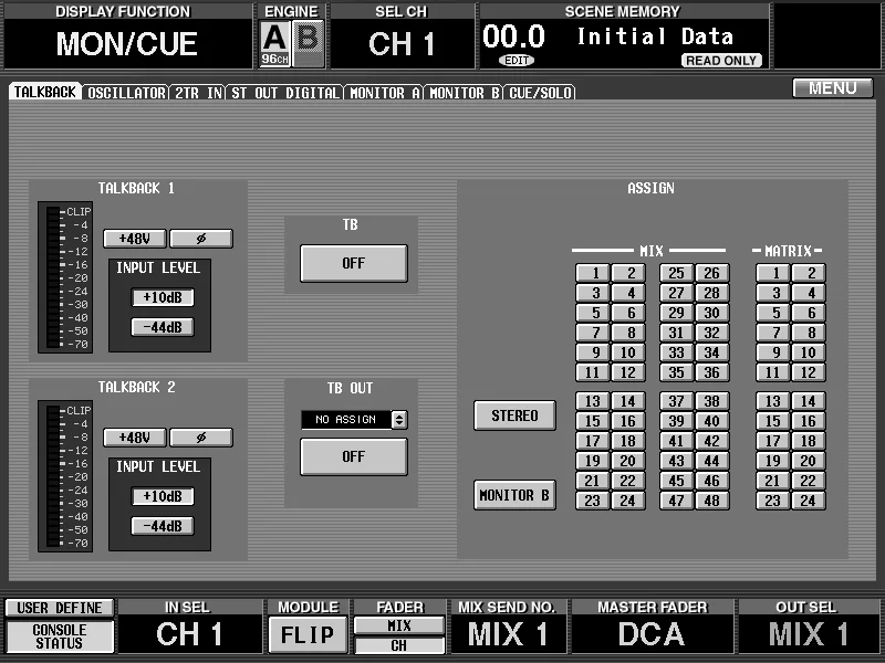 Écran de la CS1D, MON/CUE, talkback