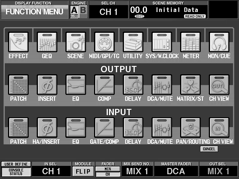 Écran de la CS1D, menu FUNCTION