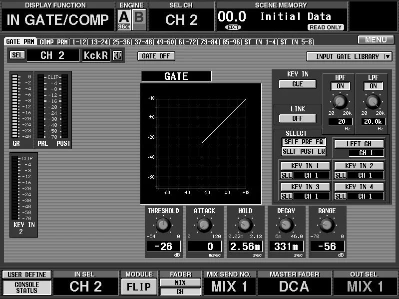 Écran de la CS1D, IN GATE/COMP, noise gate