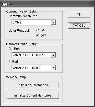 PM1D Manager V2, fenêtre Option (port de communication, télécommande, mémoires)
