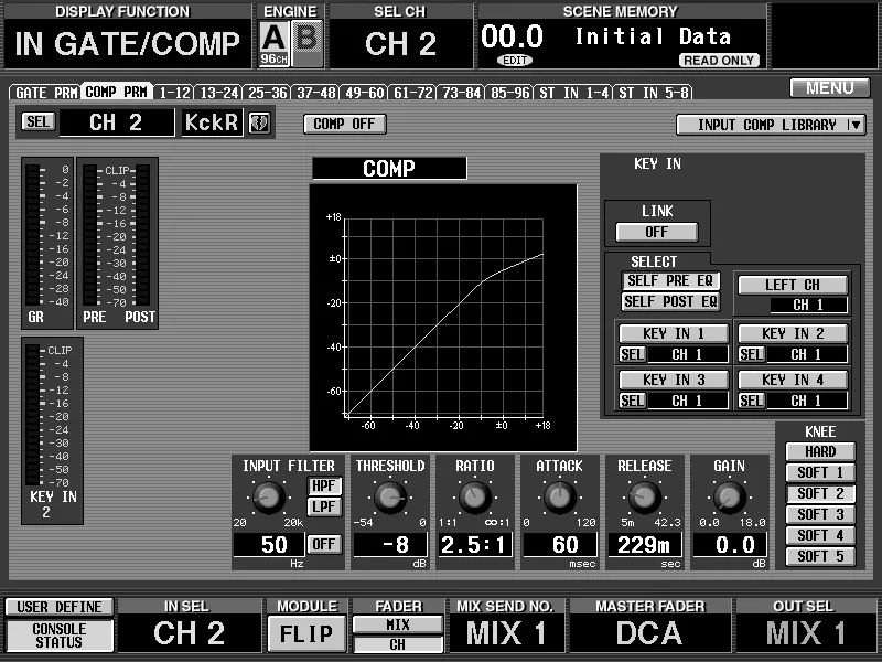 Écran de la CS1D, IN GATE/COMP, compresseur