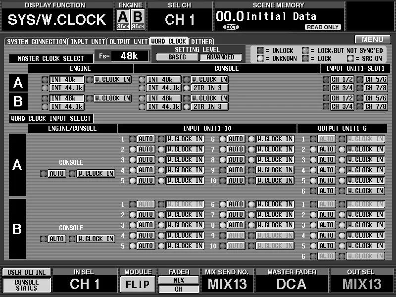 Écran de la CS1D, SYS/W.CLOCK, horloge de mots