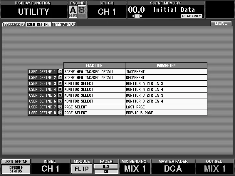Écran de la CS1D, UTILITY, touches USER DEFINE
