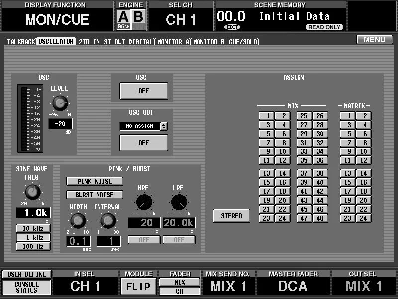 Écran de la CS1D, MON/CUE, oscillateur