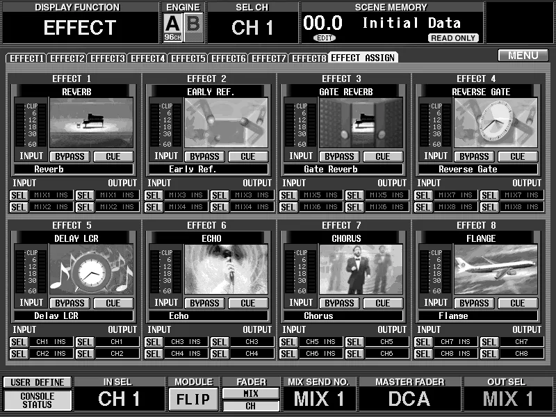 Écran de la CS1D, EFFECT, vue d'ensemble des effets