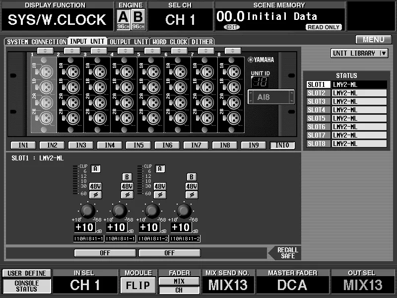 Écran de la CS1D, SYS/W.CLOCK, unités d'entrée