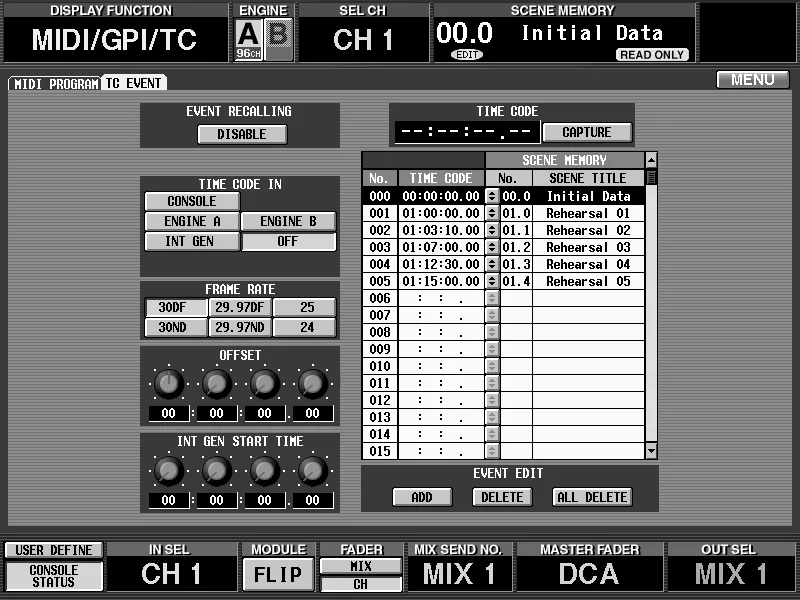 Écran de la CS1D, MIDI/GPI/TC, événements time code