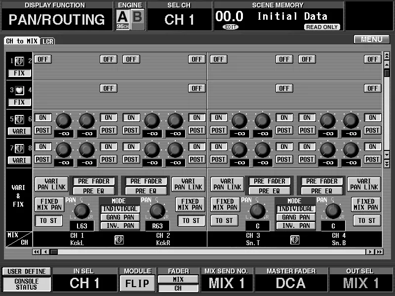 Écran de la CS1D, IN PAN/ROUTING, panoramique et routage