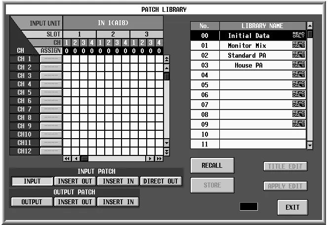 Écran de la CS1D, bibliothèque de patch