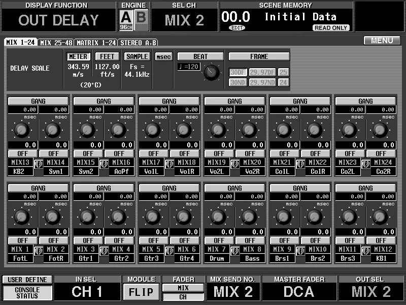 Écran de la CS1D, OUT DELAY, retard de sortie